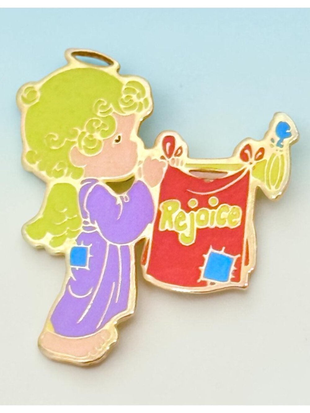 Vintage RarePrecious Moments Angel Lapel Pin with a Trumpet and "Rejoice" Banner